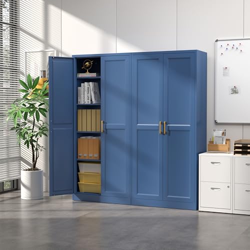 Kitchen Pantry Cabinet,71” Metal Pantry Storage Cabinets with Doors and 4 Adjustable Shelves,Blue Kitchen Cabinet with 2 Gold Handles,Tall Cabinet for Livingroom