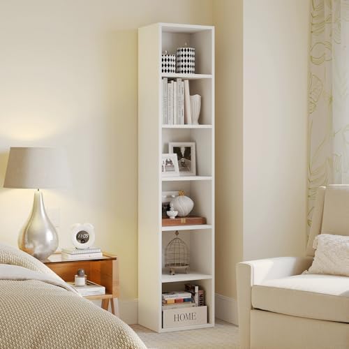 Narrow Bookshelf, 6-Tier Open Bookcase, Coner Shelf, Storage Shelves, Display Storage Shelves, Floor Standing Unit, Home Decor, Furniture for Home Office, Living Room, Bedroom, White