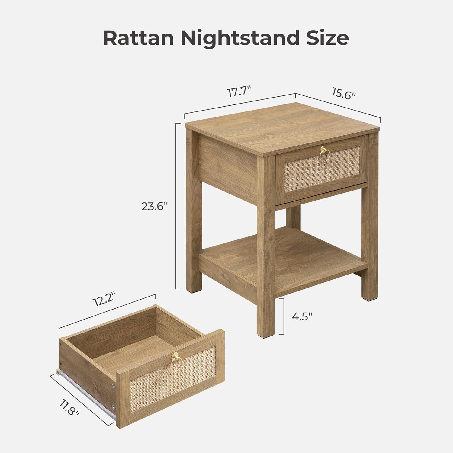 Rattan Nightstand Set of 2, Rattan Decor Drawer with Brass Knobs Night Stand Bedside Table Boho End Tables Side Tables with Storage Shelf for Bedroom,Small Space