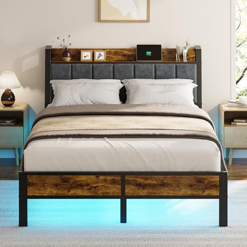 Full Size Bed Frame with Smart LED Light, Charging Station, view 2