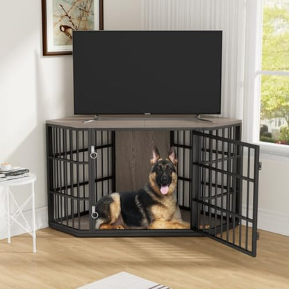 52 Inch Dog Crate Furniture Corner for Large Dogs, Grey, view 6