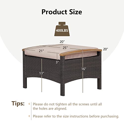Outdoor Wicker Ottomans for Patio - 2 Pieces PE Rattan Ottoman, Footrest Seat with Zippered Cushions, Acacia Wood Handles, 3-in-1 Footstool, Side Table for Poolside, Backyard (Brown)