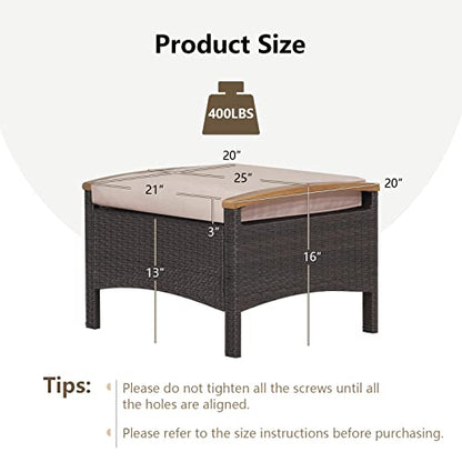 Outdoor Wicker Ottomans for Patio - 2 Pieces PE Rattan Ottoman, Footrest Seat with Zippered Cushions, Acacia Wood Handles, 3-in-1 Footstool, Side Table for Poolside, Backyard (Brown)