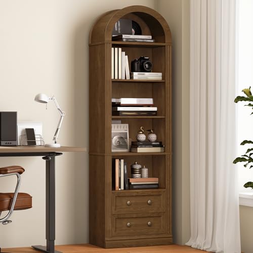 Tall Narrow Bookshelf, Arched Bookshelf with 2 Drawers, 7-Tier, view 2