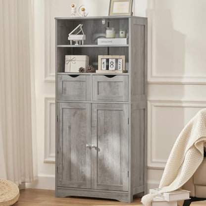 Storage Cabinet with 2 Drawers & Adjustable Shelf, Tall Bathroom Cabinet with Doors, Cupboard, Kitchen Cabinets for Living Room, Dining Room, Entryway, Grey