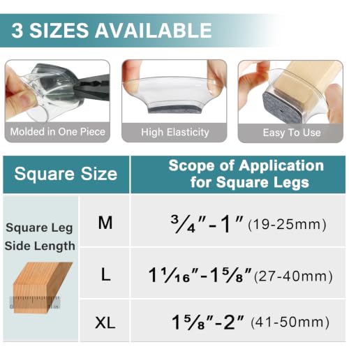 24 Pcs Chair Leg Floor Protectors Square, Silicone Felt Furniture Leg Pads Caps Covers for Hardwood Floors (Fit:1-1/16" to 1-5/8")