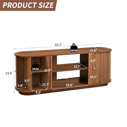 Turtle & Myrtle 63" Mid Century Modern TV Stand for Tvs up to 70", Fluted TV Media Console Table with Storage and Adjustable Shelves, Curved Edge Entertainment Center for Living Room (Brown)