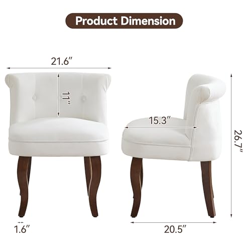 Velvet Vanity Chair with Back, Tufted Upholstered Vanity Stool with Solid Wood Legs, Mid Century Small Makeup Chair for Vanity, Accent Chair for Bedroom, Living Room, White