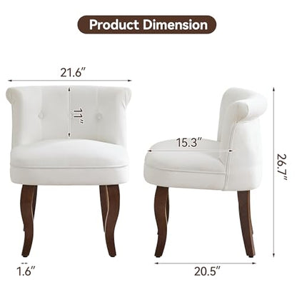 Velvet Vanity Chair with Back, Tufted Upholstered Vanity Stool with Solid Wood Legs, Mid Century Small Makeup Chair for Vanity, Accent Chair for Bedroom, Living Room, White