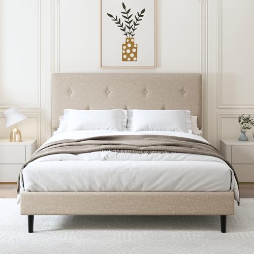 Queen Size Linen Bed Frame with Adjustable Headboard Beige, view 2