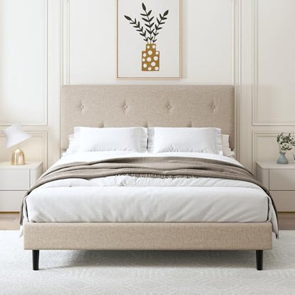 Queen Size Linen Bed Frame with Adjustable Headboard Beige, view 2