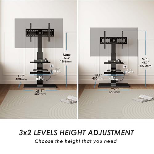 Floor TV Stand for 32-75 inch TV with Power Outlet, Tall TV Mount for Bedroom Living Room with Tempered Glass Base, TV Stand with Mount Holds Up to 88lbs MAX VESA 600x400mm,Black