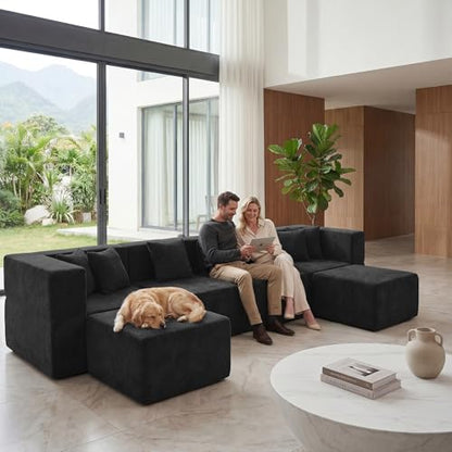 130'' Oversized Boneless Sectional Couches for Living Room, 6-Seat U Shaped Cloud Couch, Modular Sofa with Ottoman & 6 Throw Pillows, Comfy Chenille, No Assembly Required, Black
