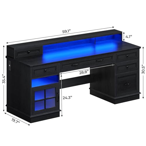 59.1" Executive Desk with File Drawer, Home Office Desk with Charging Station & LED Lights, Computer Desk with Drawers & Storage Cabinet, Executive Office Desk with Monitor Stand, Black
