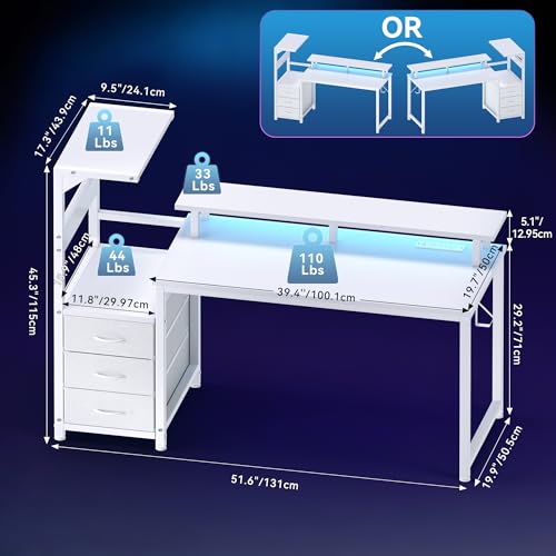 L Shaped Gaming Desk with Shelves Storage Drawers 52'', White Computer Desks with LED Lights Power Outlets, Office Wood Table with PC Stand Cable Management for Bedroom Dual Monitor Streaming