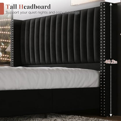 Queen Size Bed Frame Velvet Upholstered Wingback Headboard, Black, view 6
