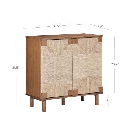 Nathan James Beacon Boho Accent Cabinet with Doors, Free Standing Kitchen Cabinet Storage with Adjustable Interior Shelf and Seagrass Accent, Dark Brown