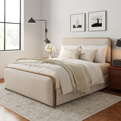Metal Platform Bed King Size with Curved Upholstered Headboard and Footboard, view 3