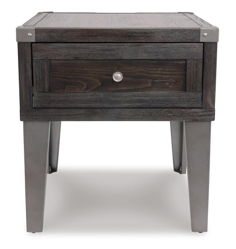 Dark gray industrial square end table with drawer and charging ports, view 7