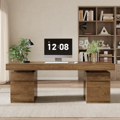 71-Inch Executive Desk, Wooden Office Desk with Storage, Oak Brown, view 3