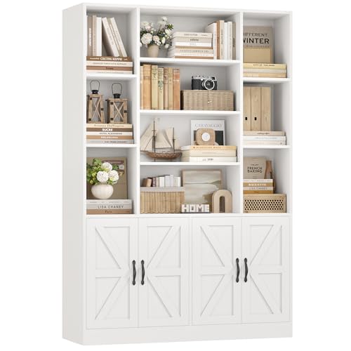 72" Tall Bookshelf, Large Farmhouse Bookcase with Storage, White, view 2