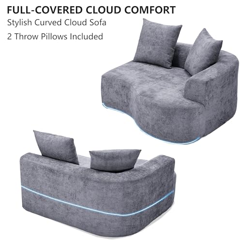 L Shaped Single Sofa, Modern Comfy Chenille Fabric Loveseat Couch, No Assembly Required Small Couch with Deep Seat, 2 Pillows for Living Room, Apartment, Bedroom