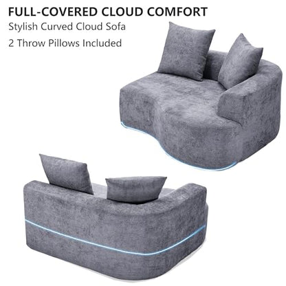 L Shaped Single Sofa, Modern Comfy Chenille Fabric Loveseat Couch, No Assembly Required Small Couch with Deep Seat, 2 Pillows for Living Room, Apartment, Bedroom