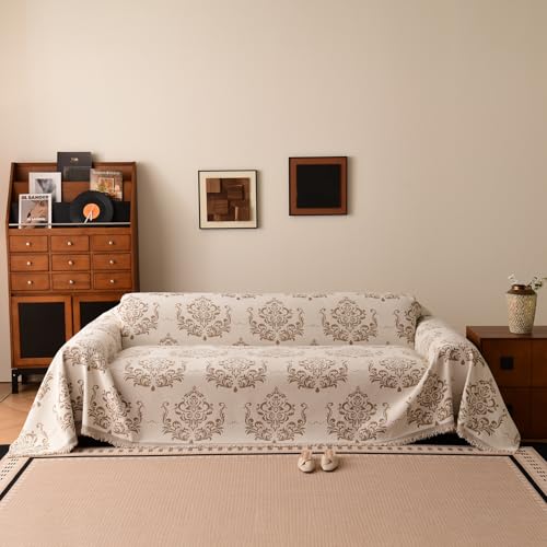 Bohemian Baroque Pattern Couch Cover Washable Chenille Beige Taupe Damask Design Sofa Slip Cover for 2 Cushion Couch Living Room Classic Decorative Furniture Protector 71" x 118"