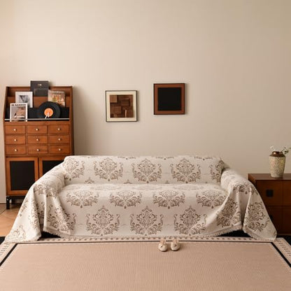 Bohemian Baroque Pattern Couch Cover Washable Chenille Beige Taupe Damask Design Sofa Slip Cover for 2 Cushion Couch Living Room Classic Decorative Furniture Protector 71" x 118"