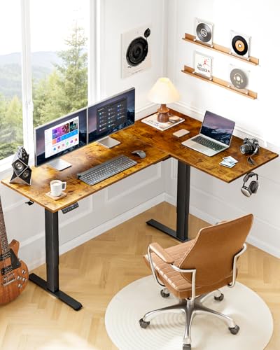 Dual Motor 63x40 inch L Shaped Electric Standing Desk with 3 Preset Heights, Electric Height Adjustable Computer Table, 2 Hooks & Cable Tray, Raising Desk for Home Office, Vintage Brown