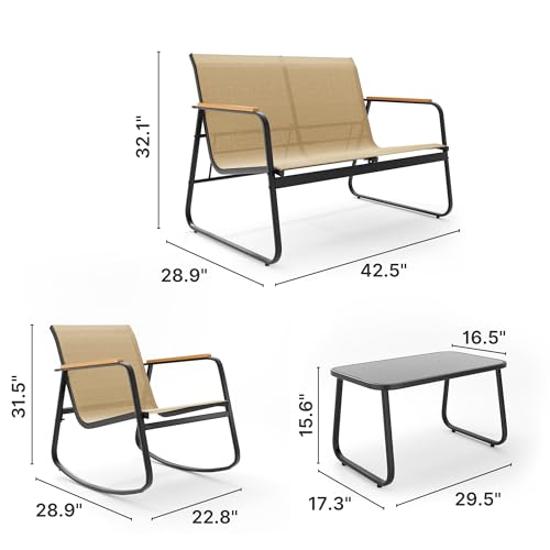 Outdoor Patio Furniture Set 4 Pieces, Conversation Textilene Fabric Chairs with Coffee Table Rocking Chairs Bistro Set for Backyard, Poolside, Porch (Brown)