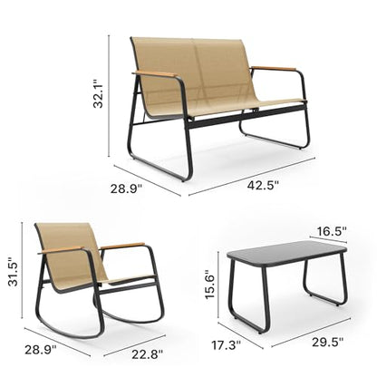 Outdoor Patio Furniture Set 4 Pieces, Conversation Textilene Fabric Chairs with Coffee Table Rocking Chairs Bistro Set for Backyard, Poolside, Porch (Brown)