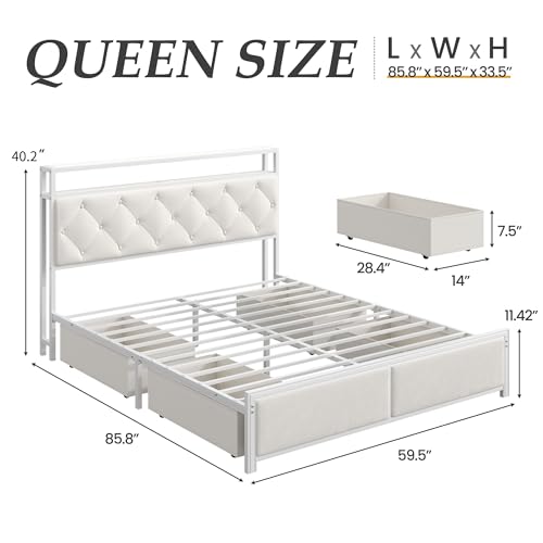 Queen Bed Frame with 4 Drawers, Upholstered Headboard with Storage, view 3