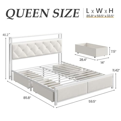Queen Bed Frame with 4 Drawers, Upholstered Headboard with Storage, view 3