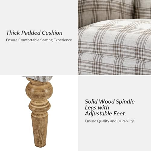 Farmhouse Accent Chair with Plaid Pattern, Tan | Comfy Upholstered Armchair with Solid Wood Legs, Curved Armrests, for Living Room Bedroom Reading Relaxation