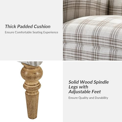 Farmhouse Accent Chair with Plaid Pattern, Tan | Comfy Upholstered Armchair with Solid Wood Legs, Curved Armrests, for Living Room Bedroom Reading Relaxation
