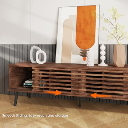 52" Mid Century Modern TV Stand for 50-60 inch TV - Walnut Brown | Farmhouse TV Console with Slatted Sliding Doors, Small Entertainment Center with Spacious Storage for Living Room, Apartment