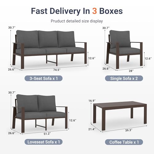 Aluminum Outdoor Patio Furniture Set 7-Seat Metal Patio Conversation Sets with Coffee Table and Water-Resistant Cushions, Modern Patio Sectional Sofa for Porch, Deck, Backyard, Poolside