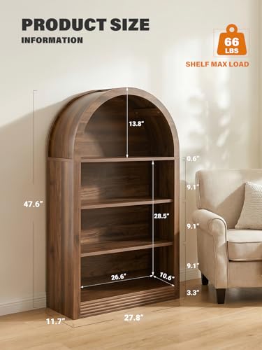 Arched Bookshelf, 47.6 inch Wood Open Bookcase, Brown, view 3
