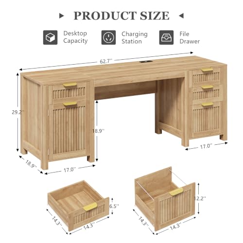 62" Fluted Computer Desk with 4 Drawers & Storage Cabinet for Home Office, view 4