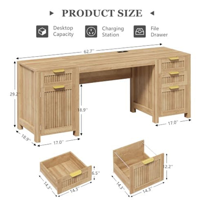 62" Fluted Computer Desk with 4 Drawers & Storage Cabinet for Home Office, view 4