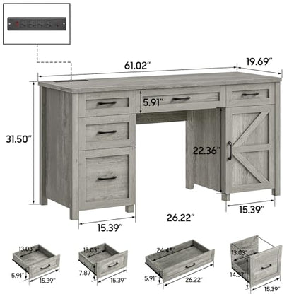 Farmhouse 61'' Executive Desk with 5 Drawers, Rustic Office Desk Computer Desk with Charging Station, File Drawers and Storage Cabinet, Wood Workstation for Home Office and Study, Gray