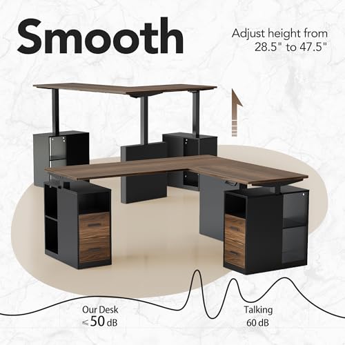 63 Inch L Shaped Standing Desk, Electric Executive Height Adjustable Desk with Storage Drawers, Reversible Design Computer Workstation for Home Office, Black Walnut