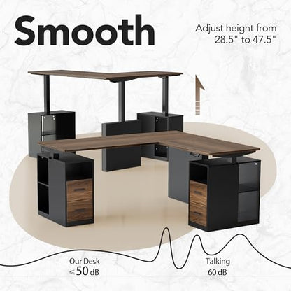 63 Inch L Shaped Standing Desk, Electric Executive Height Adjustable Desk with Storage Drawers, Reversible Design Computer Workstation for Home Office, Black Walnut