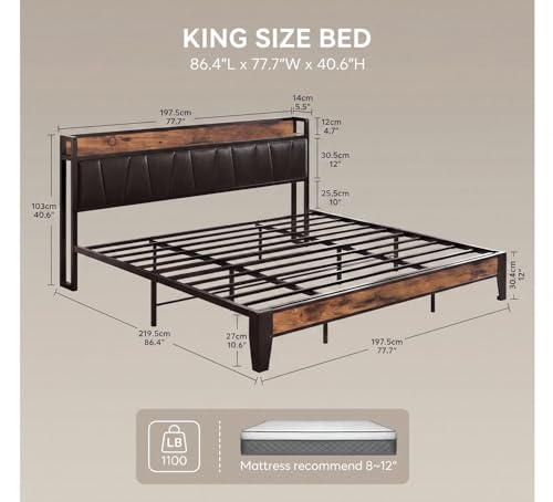 King Size Bed Frame with Storage Headboard and Charging Station, view 3