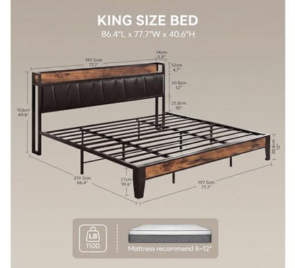 King Size Bed Frame with Storage Headboard and Charging Station, view 3