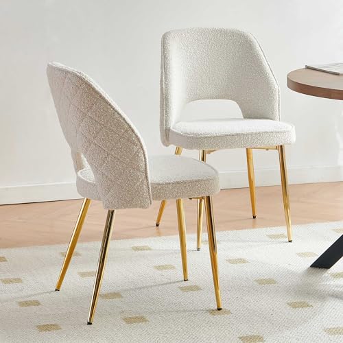 Modern Dining Chair Set of 4, Beige Boucle Accent Chairs with Golden Metal Legs, Upholstered Back Side Chairs for Kitchen Living Room Bedroom