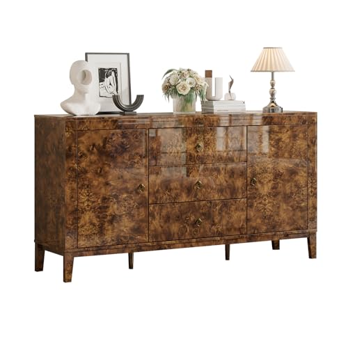 60" Glossy Burl Wood Sideboard Buffet with Storage, view 2