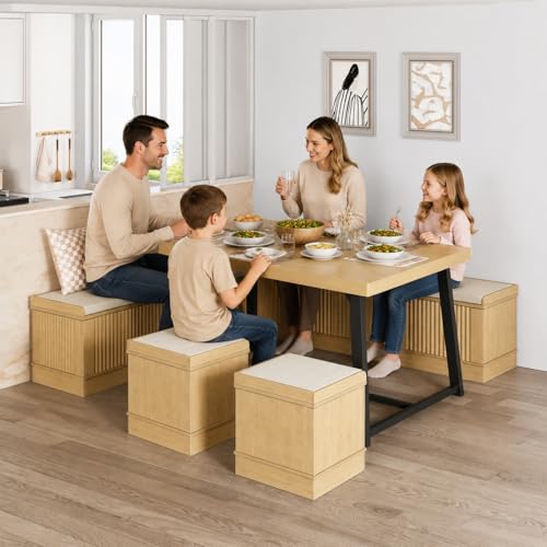Corner Dining Table Set, 6-Piece Breakfast Nook Dining Set with Storage Bench and Stools, 47" Banquette Seating for Small Space, Apartment Kitchen & Dining Room, Natural Wood