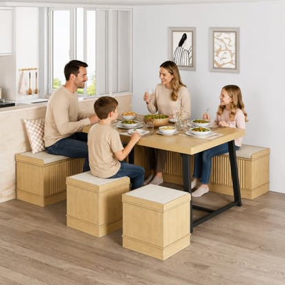 Corner Dining Table Set, 6-Piece Breakfast Nook Dining Set with Storage Bench and Stools, 47" Banquette Seating for Small Space, Apartment Kitchen & Dining Room, Natural Wood
